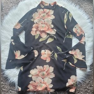 Floral Mini Dress Bell Sleeves Keyhole Back